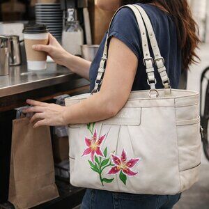 Hand Painted Stargazer Lily Flower Leather Bag Purse Floral Satchel
